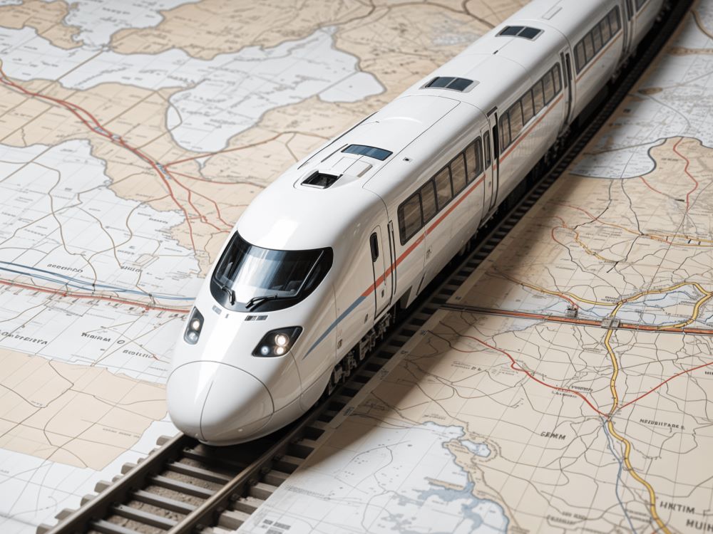 A high-speed train over a map